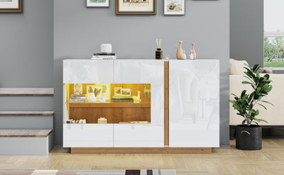 Buffet Élégant Blanc Brillant avec Éclairage LED RGB Intelligent et Portes Vitrées ZECOIN