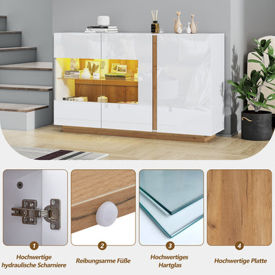 Buffet Élégant Blanc Brillant avec Éclairage LED RGB Intelligent et Portes Vitrées ZECOIN