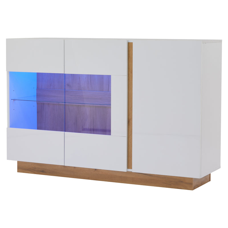 Buffet Élégant Blanc Brillant avec Éclairage LED RGB Intelligent et Portes Vitrées ZECOIN