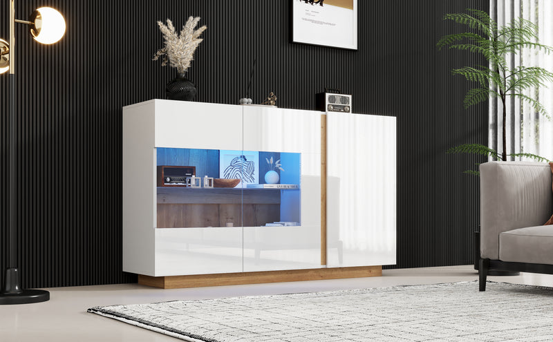 Buffet Élégant Blanc Brillant avec Éclairage LED RGB Intelligent et Portes Vitrées ZECOIN