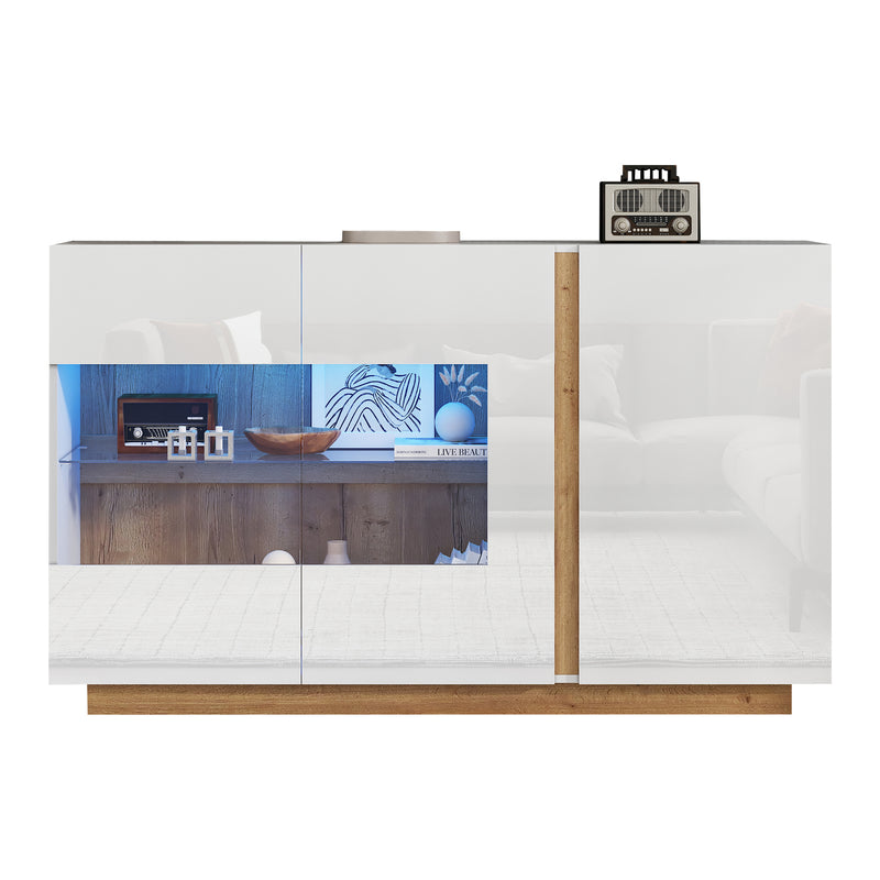 Buffet Élégant Blanc Brillant avec Éclairage LED RGB Intelligent et Portes Vitrées ZECOIN