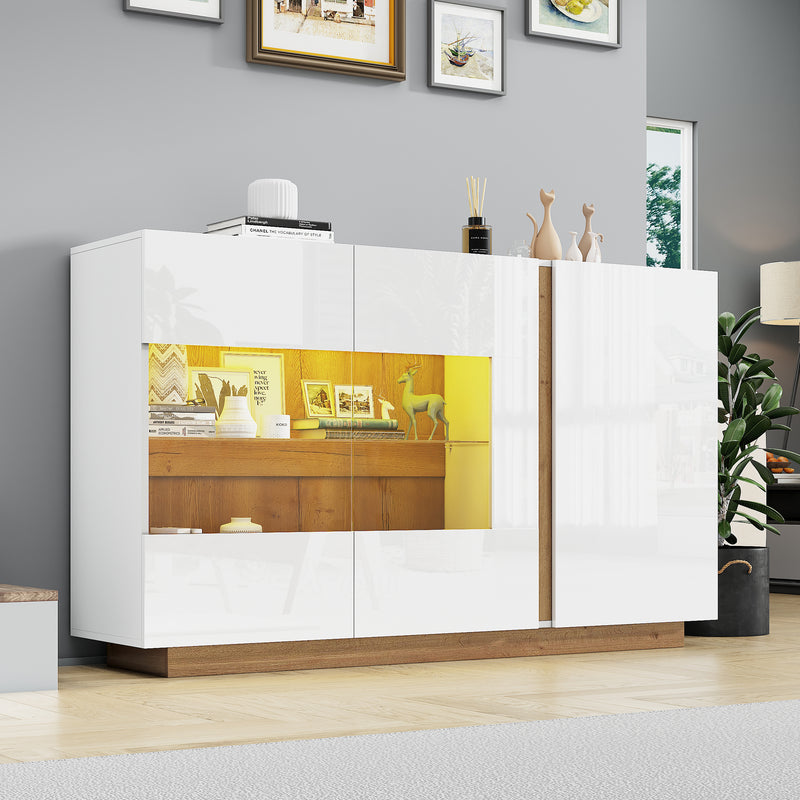 Buffet Élégant Blanc Brillant avec Éclairage LED RGB Intelligent et Portes Vitrées ZECOIN
