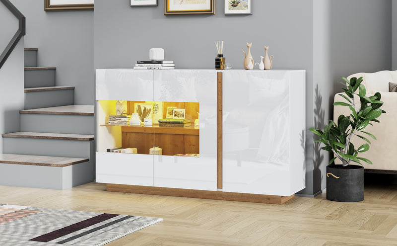 Buffet Élégant Blanc Brillant avec Éclairage LED RGB Intelligent et Portes Vitrées ZECOIN