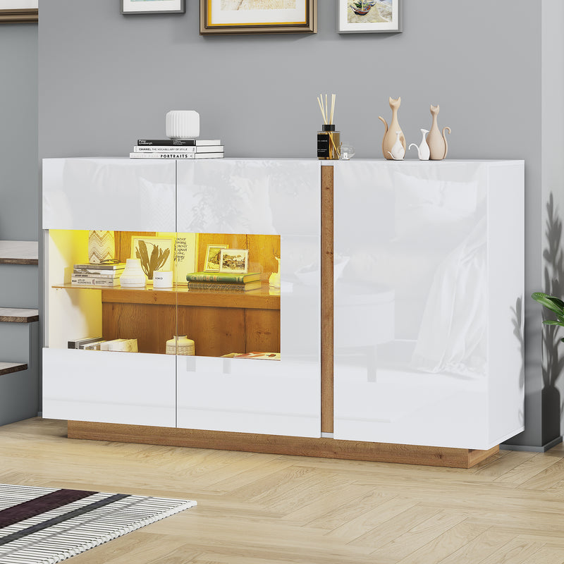 Buffet Élégant Blanc Brillant avec Éclairage LED RGB Intelligent et Portes Vitrées ZECOIN