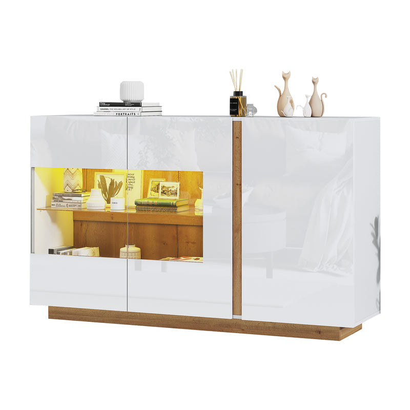 Buffet Élégant Blanc Brillant avec Éclairage LED RGB Intelligent et Portes Vitrées ZECOIN