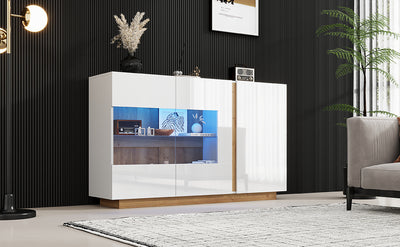 Buffet Élégant Blanc Brillant avec Éclairage LED RGB Intelligent et Portes Vitrées ZECOIN