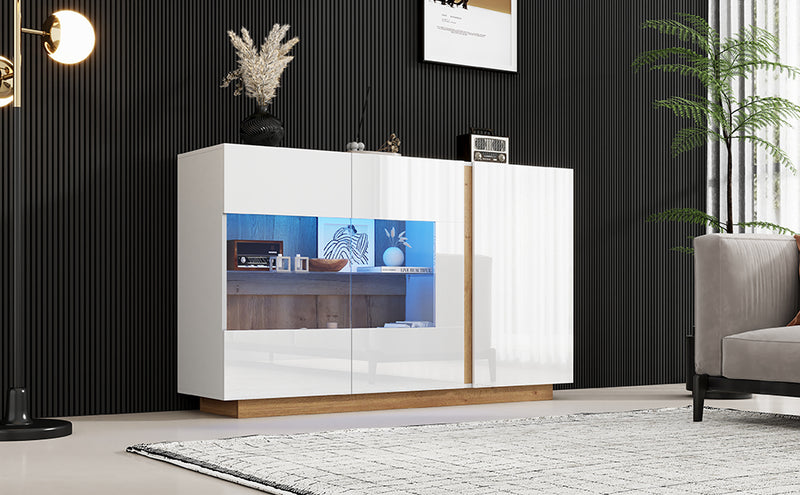 Buffet Élégant Blanc Brillant avec Éclairage LED RGB Intelligent et Portes Vitrées ZECOIN