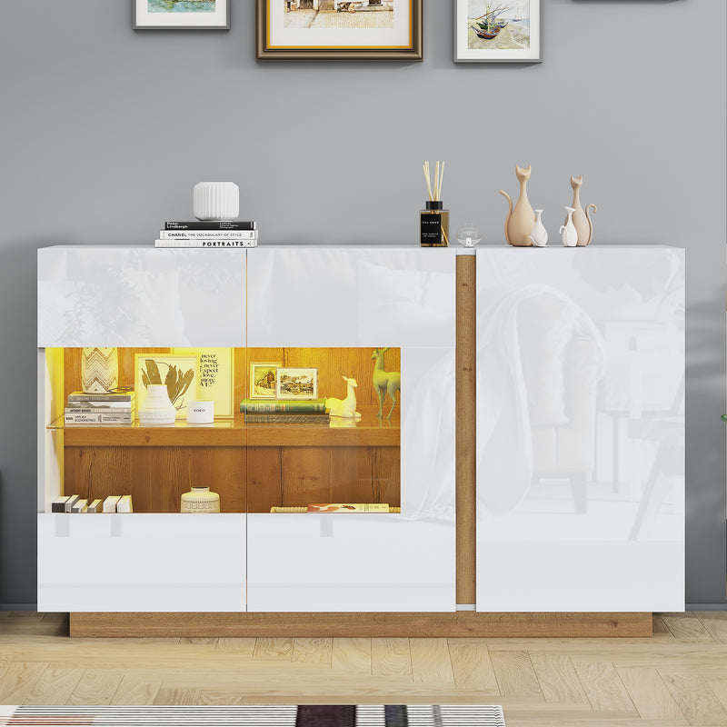 Buffet Élégant Blanc Brillant avec Éclairage LED RGB Intelligent et Portes Vitrées ZECOIN