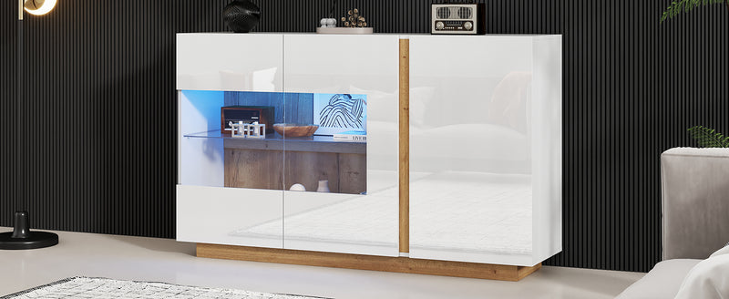 Buffet Élégant Blanc Brillant avec Éclairage LED RGB Intelligent et Portes Vitrées ZECOIN