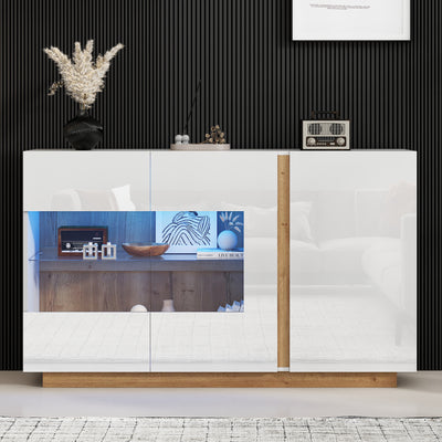 Buffet Élégant Blanc Brillant avec Éclairage LED RGB Intelligent et Portes Vitrées ZECOIN