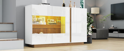 Buffet Élégant Blanc Brillant avec Éclairage LED RGB Intelligent et Portes Vitrées ZECOIN
