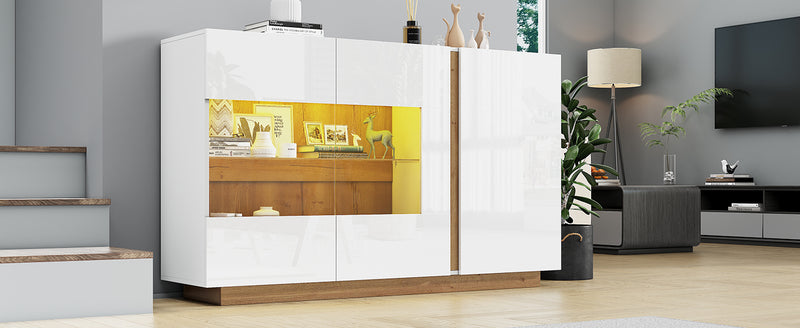 Buffet Élégant Blanc Brillant avec Éclairage LED RGB Intelligent et Portes Vitrées ZECOIN