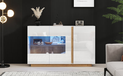 Buffet Élégant Blanc Brillant avec Éclairage LED RGB Intelligent et Portes Vitrées ZECOIN