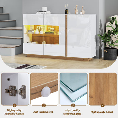 Buffet Élégant Blanc Brillant avec Éclairage LED RGB Intelligent et Portes Vitrées ZECOIN