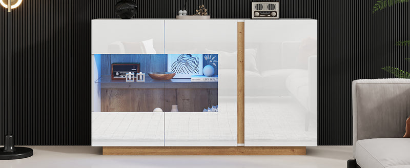 Buffet Élégant Blanc Brillant avec Éclairage LED RGB Intelligent et Portes Vitrées ZECOIN