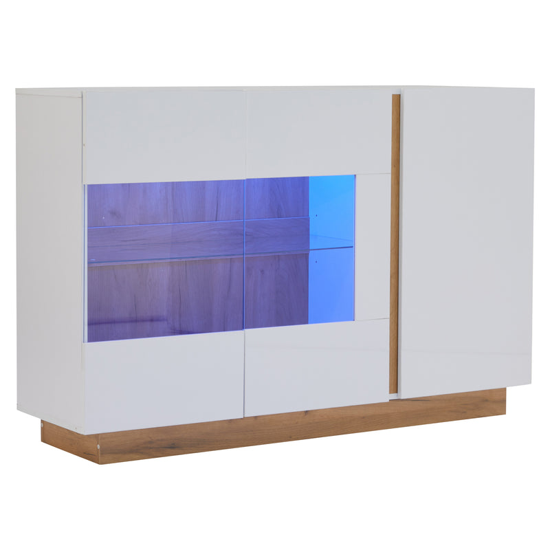 Buffet Élégant Blanc Brillant avec Éclairage LED RGB Intelligent et Portes Vitrées ZECOIN