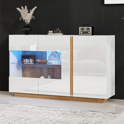 Buffet Élégant Blanc Brillant avec Éclairage LED RGB Intelligent et Portes Vitrées ZECOIN