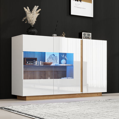 Buffet Élégant Blanc Brillant avec Éclairage LED RGB Intelligent et Portes Vitrées ZECOIN