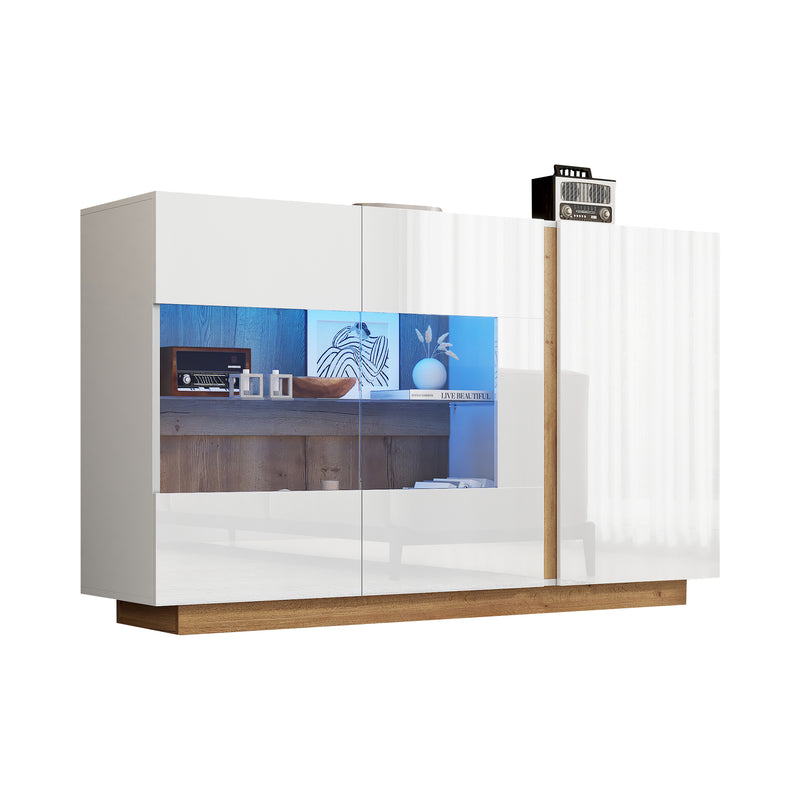 Buffet Élégant Blanc Brillant avec Éclairage LED RGB Intelligent et Portes Vitrées ZECOIN