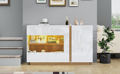 Buffet Élégant Blanc Brillant avec Éclairage LED RGB Intelligent et Portes Vitrées ZECOIN