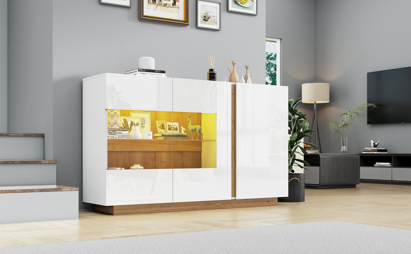 Buffet Élégant Blanc Brillant avec Éclairage LED RGB Intelligent et Portes Vitrées ZECOIN
