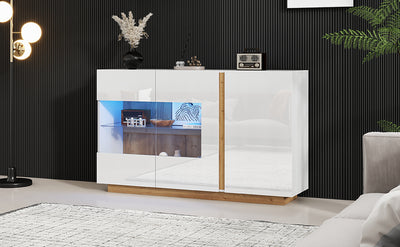 Buffet Élégant Blanc Brillant avec Éclairage LED RGB Intelligent et Portes Vitrées ZECOIN