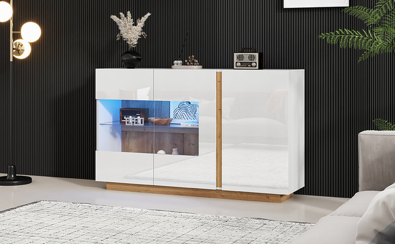 Buffet Élégant Blanc Brillant avec Éclairage LED RGB Intelligent et Portes Vitrées ZECOIN
