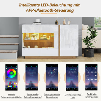 Buffet Élégant Blanc Brillant avec Éclairage LED RGB Intelligent et Portes Vitrées ZECOIN