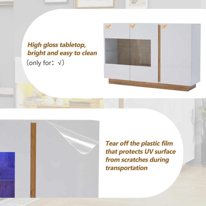 Buffet Élégant Blanc Brillant avec Éclairage LED RGB Intelligent et Portes Vitrées ZECOIN