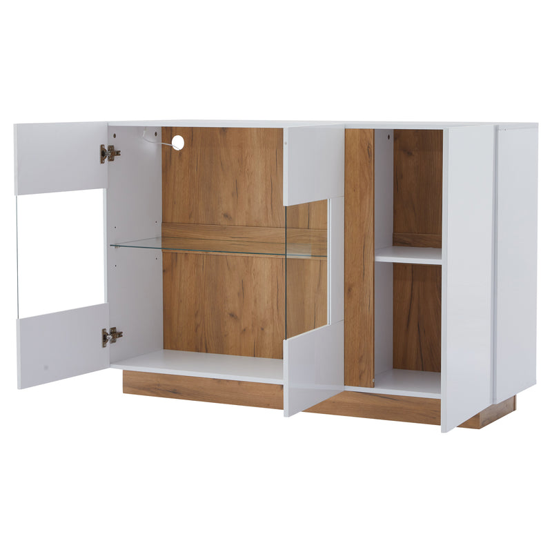 Buffet Élégant Blanc Brillant avec Éclairage LED RGB Intelligent et Portes Vitrées ZECOIN