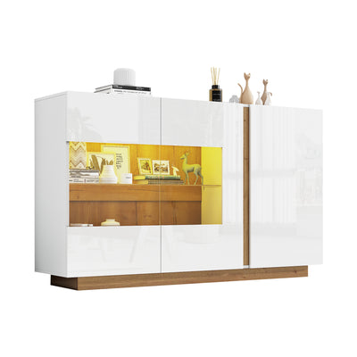 Buffet Élégant Blanc Brillant avec Éclairage LED RGB Intelligent et Portes Vitrées ZECOIN