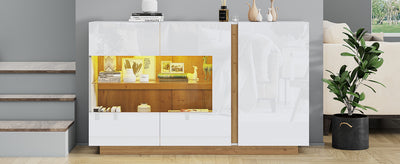 Buffet Élégant Blanc Brillant avec Éclairage LED RGB Intelligent et Portes Vitrées ZECOIN