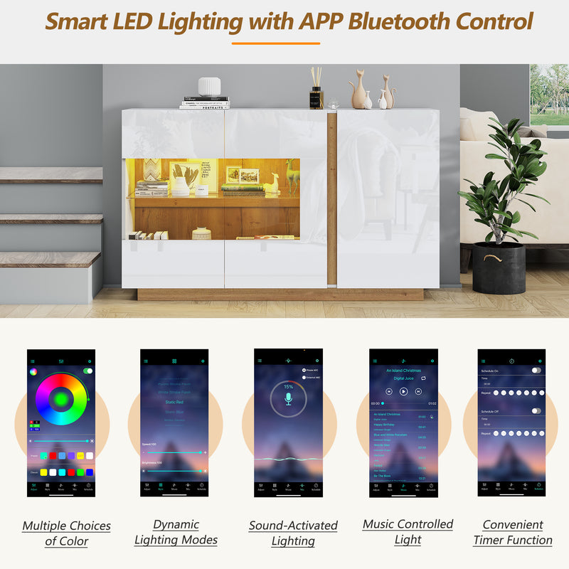 Buffet Élégant Blanc Brillant avec Éclairage LED RGB Intelligent et Portes Vitrées ZECOIN