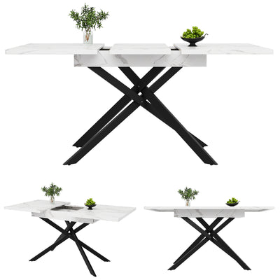 Table de Salle à Manger Extensible Blanc & Noir Effet Marbre avec Pieds en Croix Métalliques (120-160cm) ZEX.