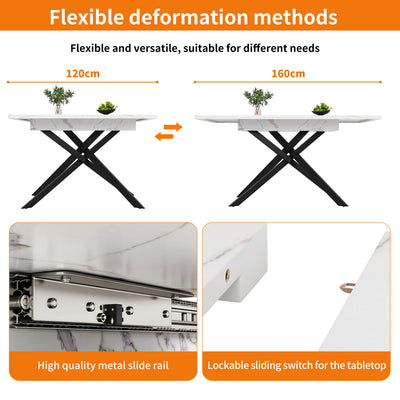Table de Salle à Manger Extensible Blanc & Noir Effet Marbre avec Pieds en Croix Métalliques (120-160cm) ZEX.