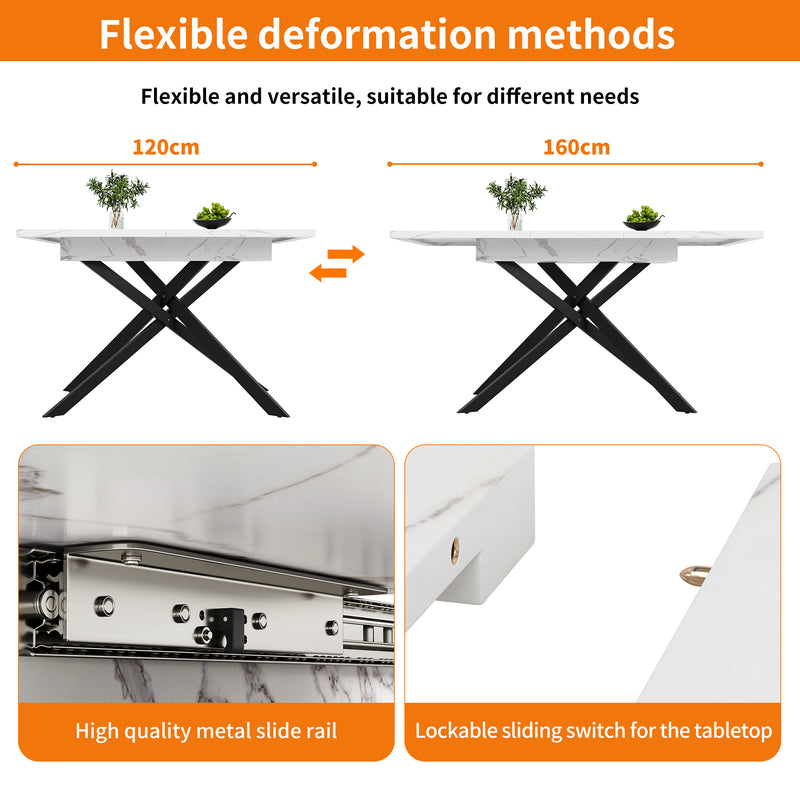 Table de Salle à Manger Extensible Blanc & Noir Effet Marbre avec Pieds en Croix Métalliques (120-160cm) ZEX.