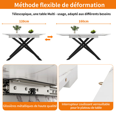 Table de Salle à Manger Extensible Blanc & Noir Effet Marbre avec Pieds en Croix Métalliques (120-160cm) ZEX.