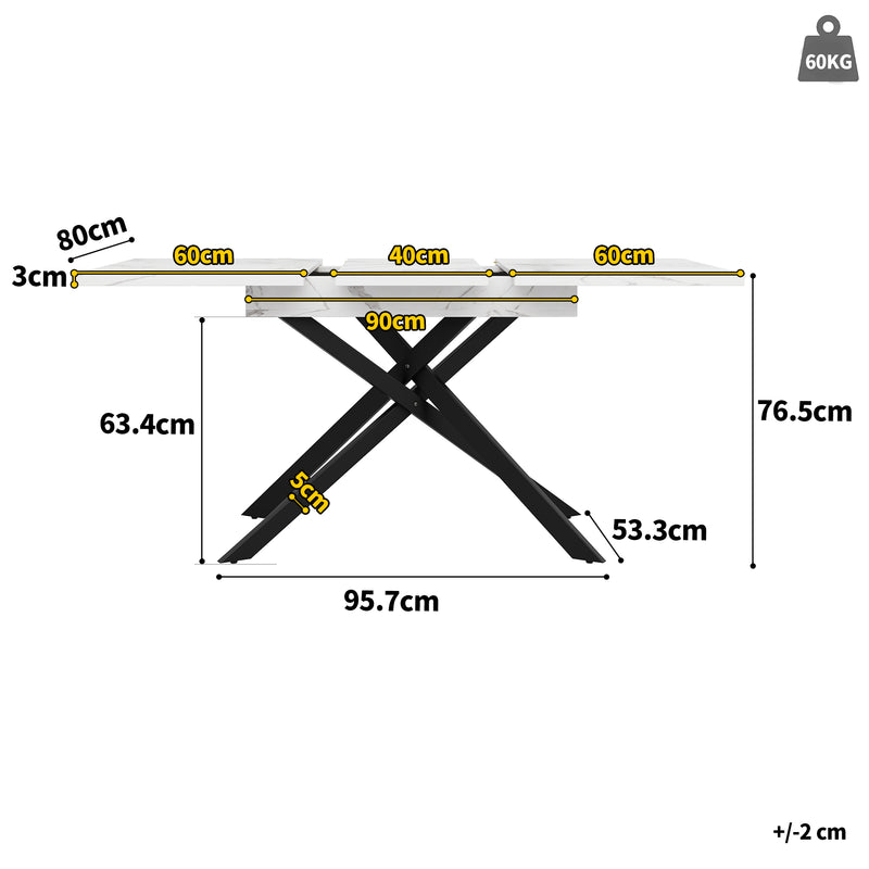 Table de Salle à Manger Extensible Blanc & Noir Effet Marbre avec Pieds en Croix Métalliques (120-160cm) ZEX.