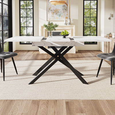 Table de Salle à Manger Extensible Blanc & Noir Effet Marbre avec Pieds en Croix Métalliques (120-160cm) ZEX.