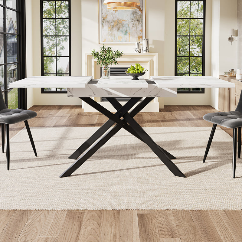 Table de Salle à Manger Extensible Blanc & Noir Effet Marbre avec Pieds en Croix Métalliques (120-160cm) ZEX.