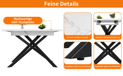 Table de Salle à Manger Extensible Blanc & Noir Effet Marbre avec Pieds en Croix Métalliques (120-160cm) ZEX.