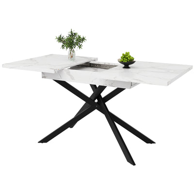 Table de Salle à Manger Extensible Blanc & Noir Effet Marbre avec Pieds en Croix Métalliques (120-160cm) ZEX.