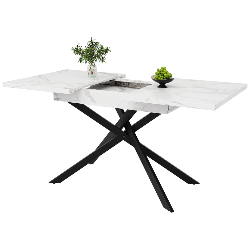 Table de Salle à Manger Extensible Blanc & Noir Effet Marbre avec Pieds en Croix Métalliques (120-160cm) ZEX.