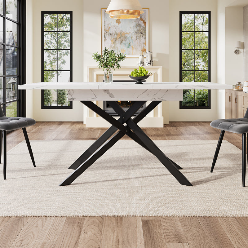 Table de Salle à Manger Extensible Blanc & Noir Effet Marbre avec Pieds en Croix Métalliques (120-160cm) ZEX.