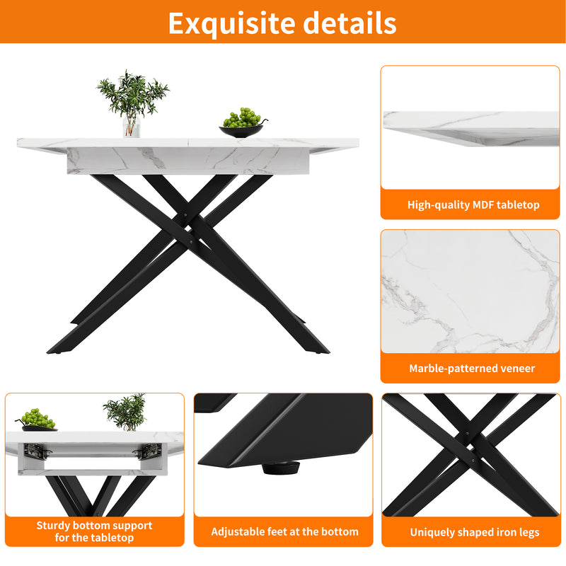Table de Salle à Manger Extensible Blanc & Noir Effet Marbre avec Pieds en Croix Métalliques (120-160cm) ZEX.