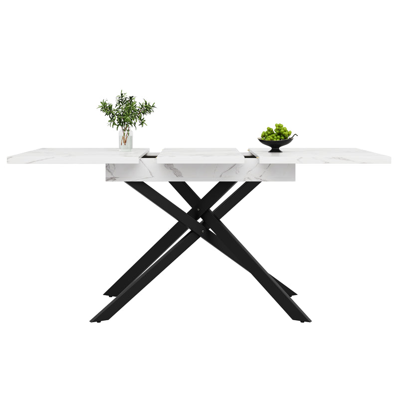 Table de Salle à Manger Extensible Blanc & Noir Effet Marbre avec Pieds en Croix Métalliques (120-160cm) ZEX.