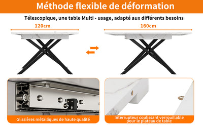 Table de Salle à Manger Extensible Blanc & Noir Effet Marbre avec Pieds en Croix Métalliques (120-160cm) ZEX.