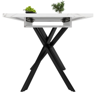 Table de Salle à Manger Extensible Blanc & Noir Effet Marbre avec Pieds en Croix Métalliques (120-160cm) ZEX.