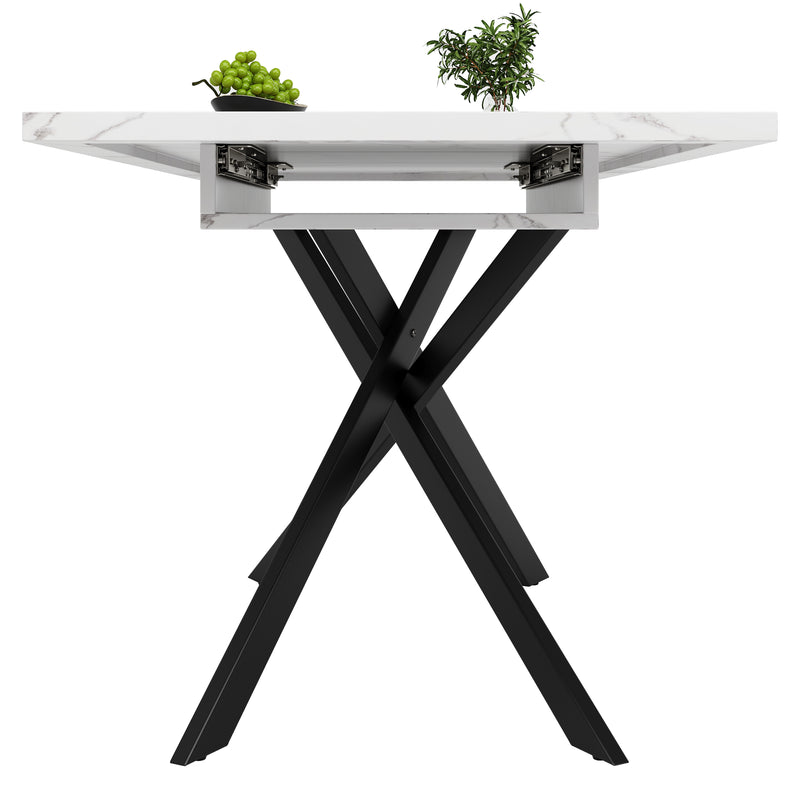 Table de Salle à Manger Extensible Blanc & Noir Effet Marbre avec Pieds en Croix Métalliques (120-160cm) ZEX.