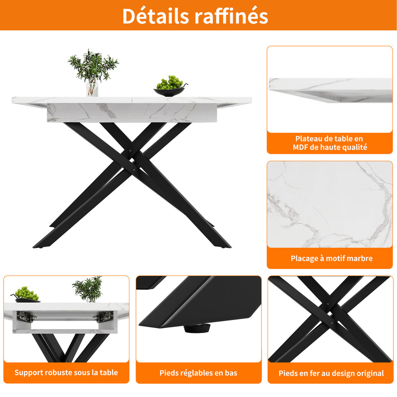 Table de Salle à Manger Extensible Blanc & Noir Effet Marbre avec Pieds en Croix Métalliques (120-160cm) ZEX.